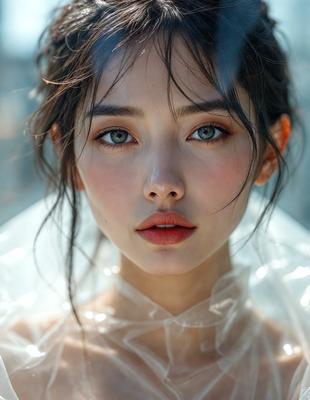 The primary subject of the image is a woman with long hair, wearing a clear plastic wrap around her face. The setting is a room with a window, and the visual style is a close-up of the woman's face. The colors in the image are predominantly white, and the overall atmosphere is mysterious and intriguing.